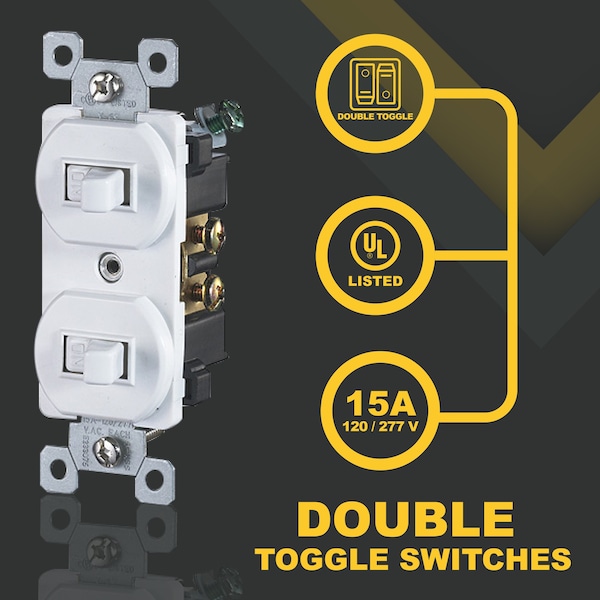 White Double Light Switch 2 Single-Pole Wall Light Switches 15-Amp Duplex Toggle Switch, 2PK